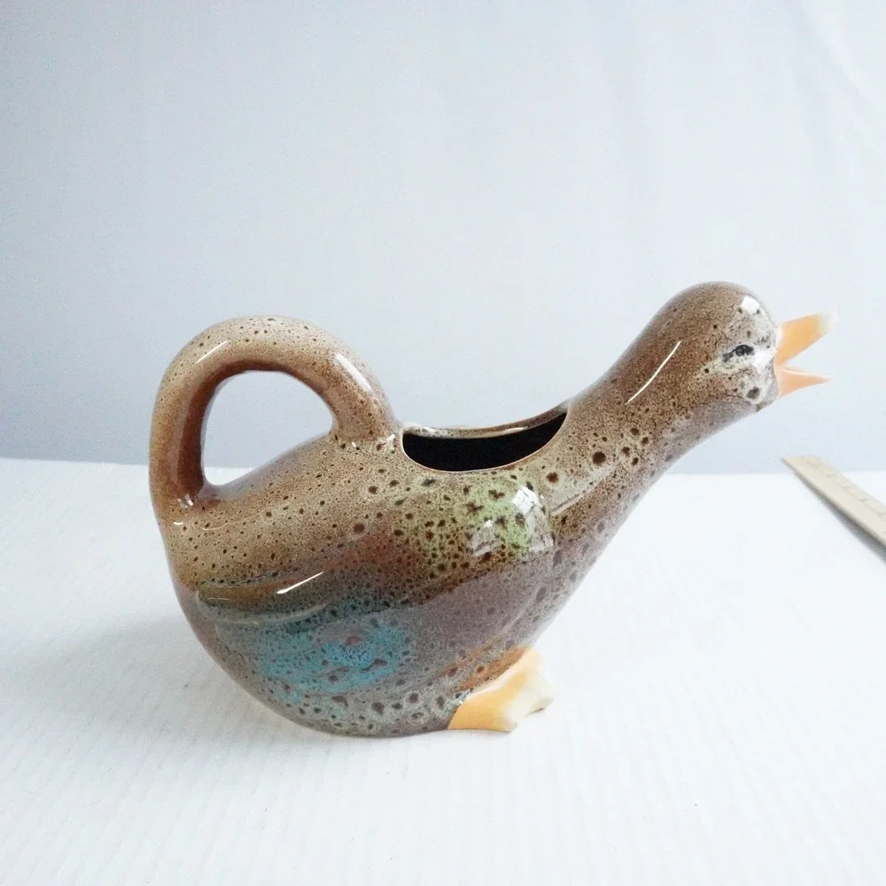 Ceramic Duck Pitcher Cream Brown Speckled Orange Beak Handle Farm Whimsical‎